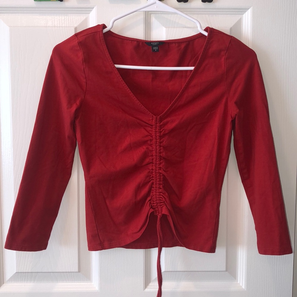 GUESS Red V Neck Long Sleeve Croptop Shirt